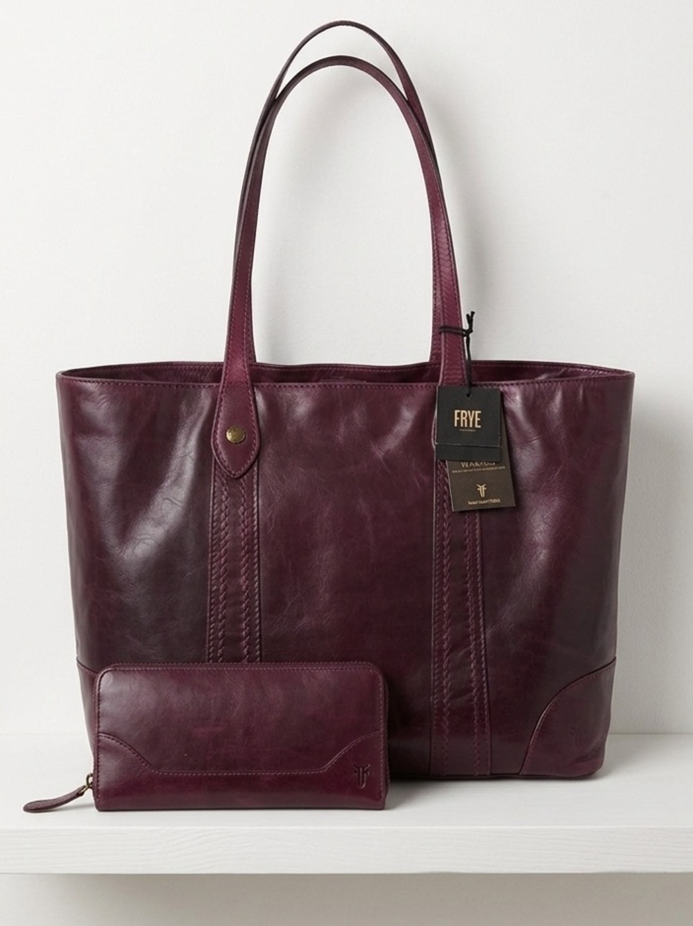 RARE FRYE Concord Purple Leather Shopper Tote Matching Wallet NWT Dustbag
